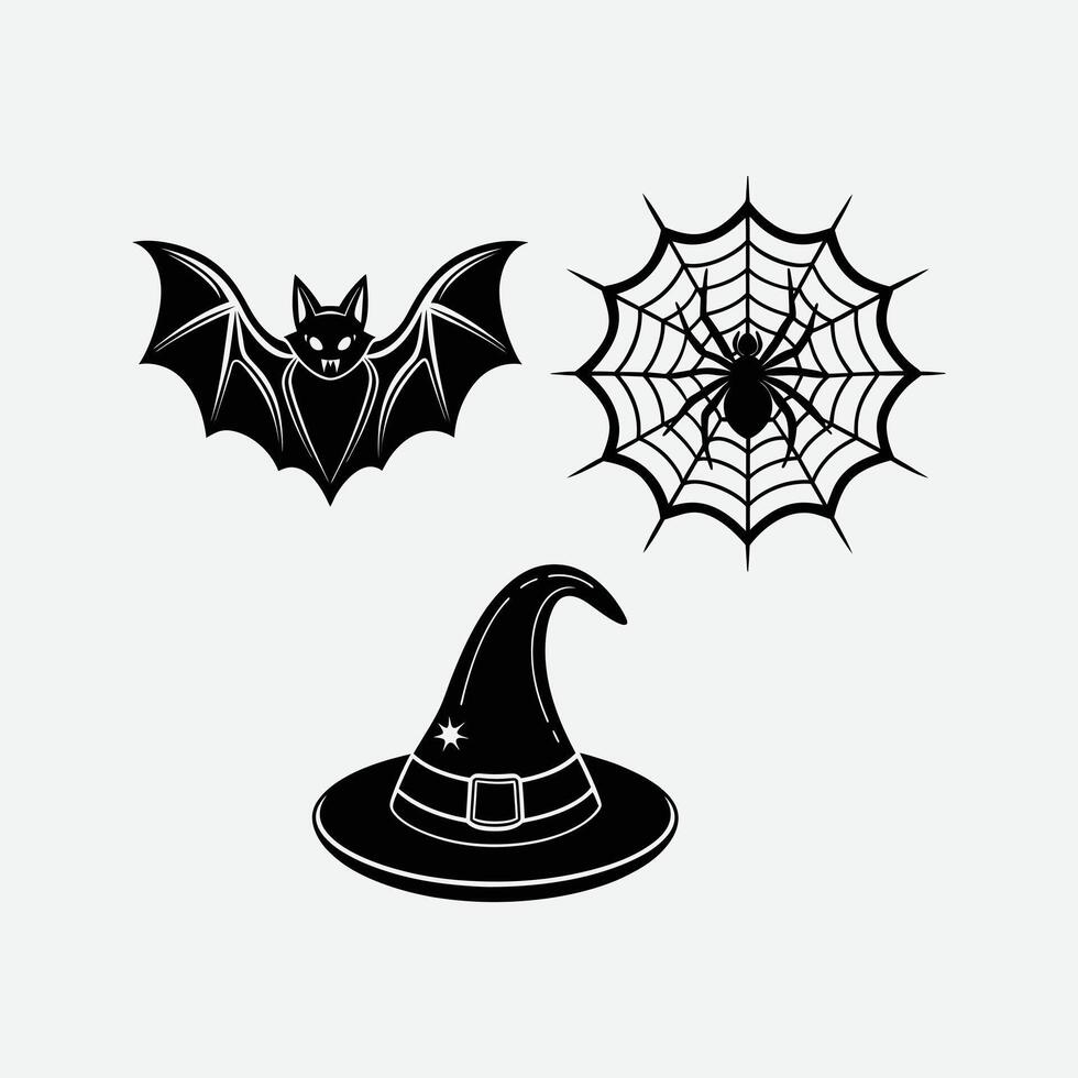 Halloween Icons Set Bat, Spiderweb, and Witch Hat. vector