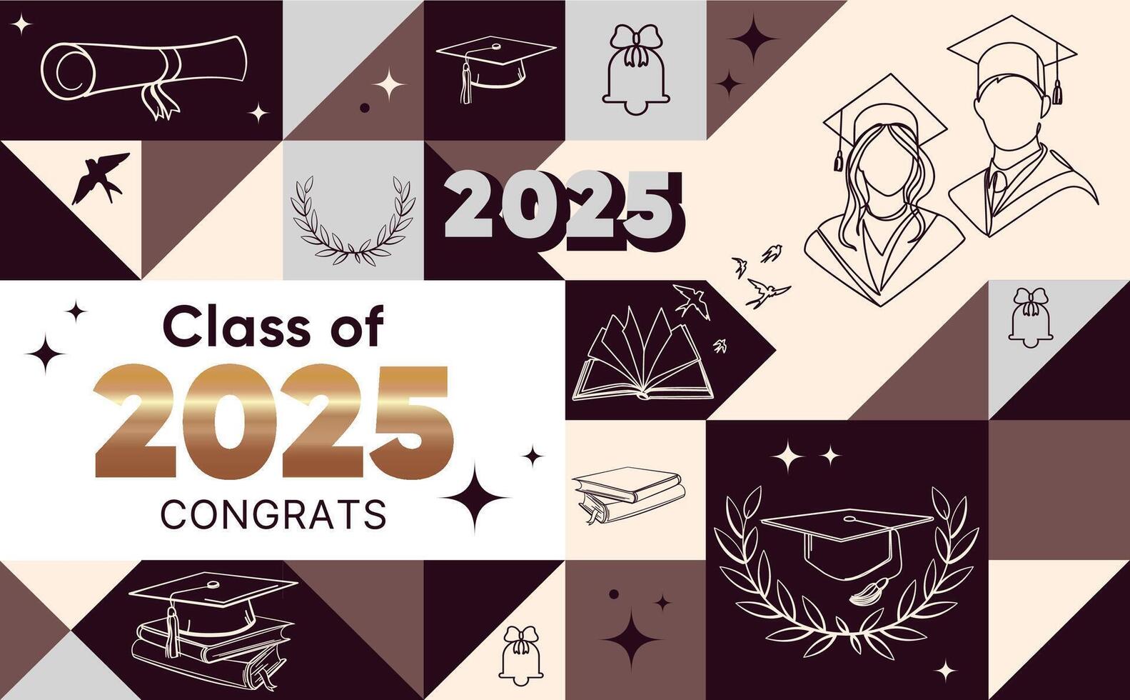 Class of 2025 graduation Modern geometric banner featuring academic icons, graduates, caps, diplomas, books, and decorative elements in beige and brown tones. illustration vector
