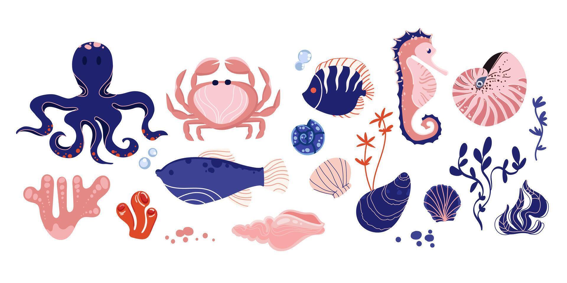 Sea animals and ocean elements collection including octopus, crab, fish, seahorse, coral, shells, and seaweed. Ocean Life Flat Design Set.Underwater design Elements isolated on white background vector