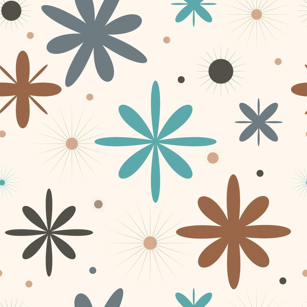 Vintage Style Seamless Background with Abstract Flowers.Seamless pattern with retro floral shapes and starburst accents in muted background, fabric, wallpaper, wrapping paper, digital prints vector