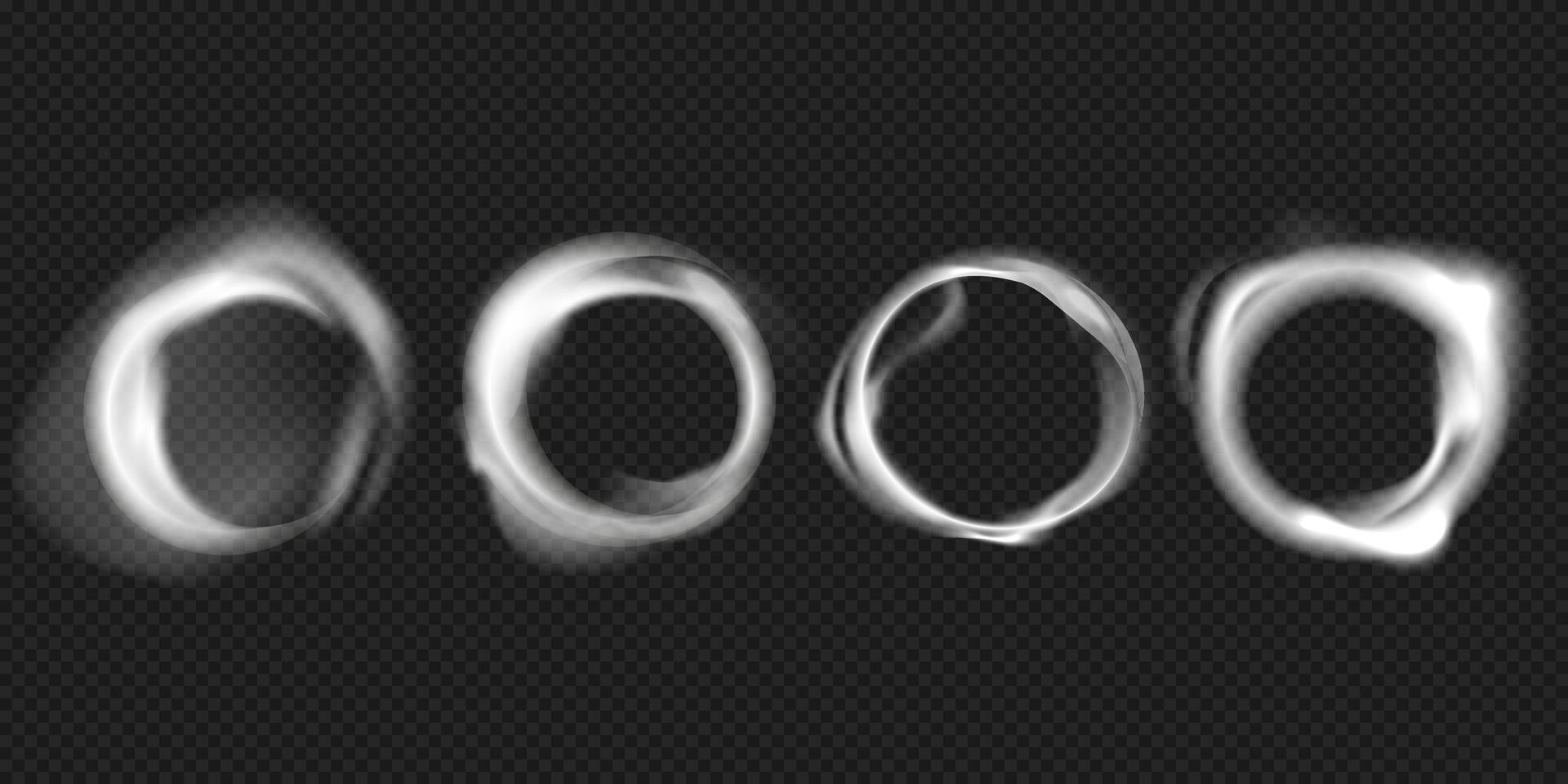 Set of glowing smoke ring overlays with white mist and circular vortex shapes on . Circular Mist and Vapor Effects for Special Visual FX. illustration vector