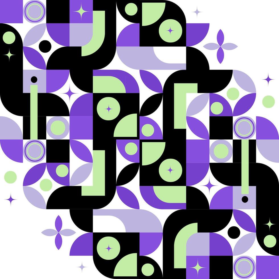 Geometric Abstract Pattern in Retro Futuristic Style.Abstract geometric pattern with curved shapes, rounded forms, and retro-futuristic color palette in purple, green, black tones. illustration vector