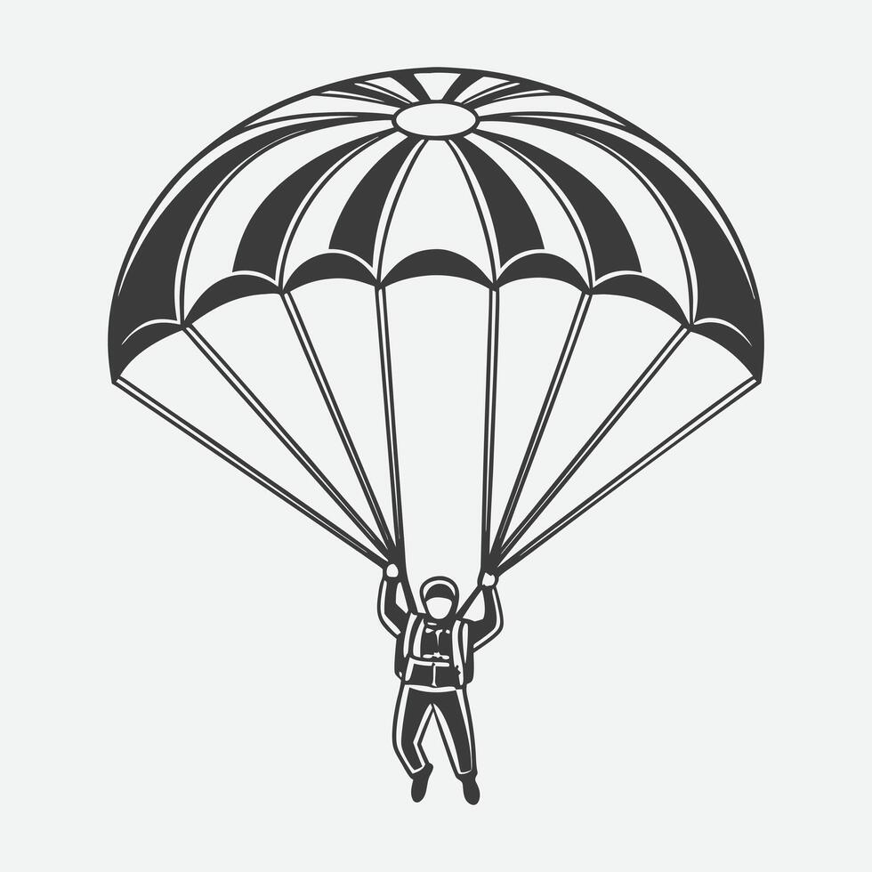 Parachutist with Open Parachute, Vintage Style Illustration. vector