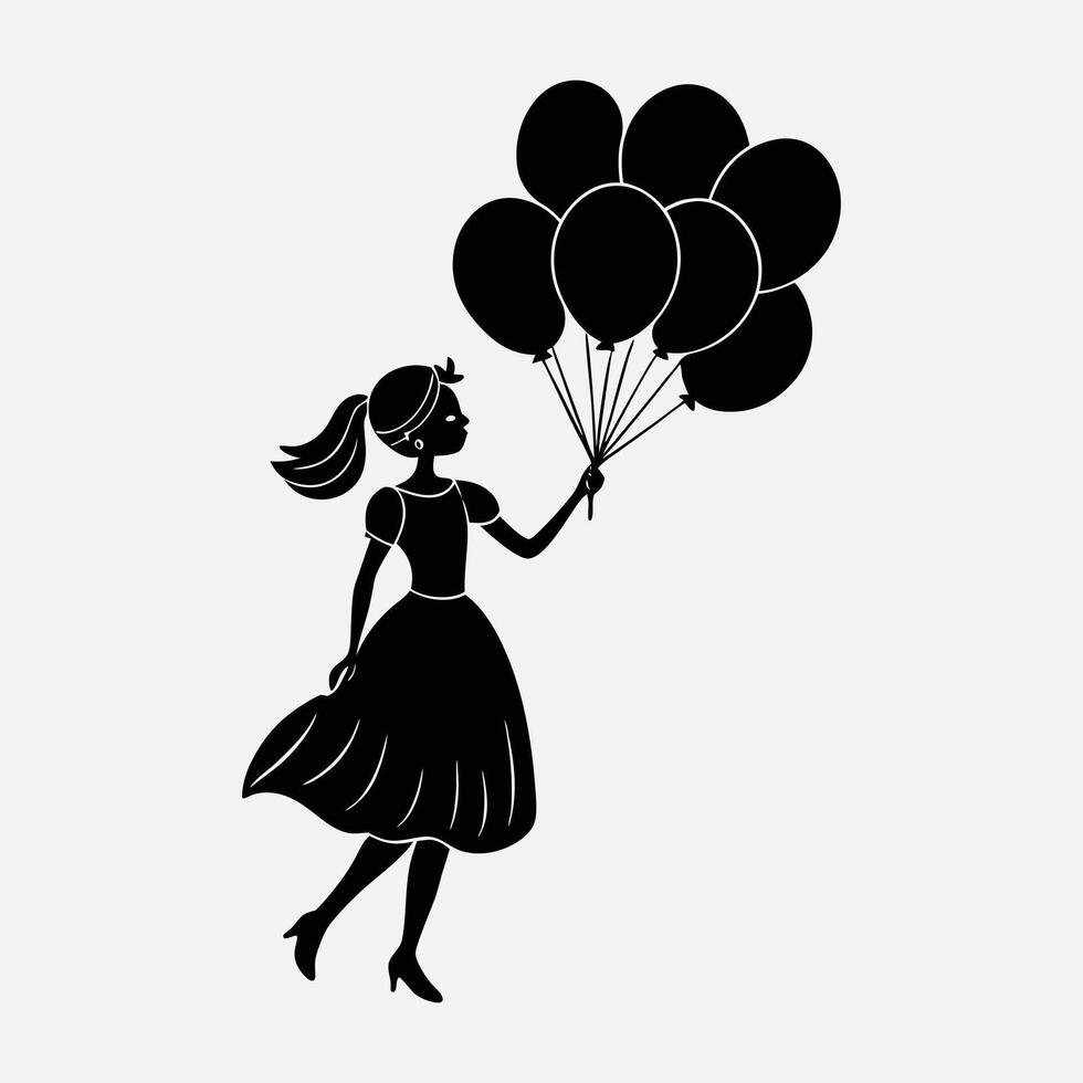 Silhouette of a girl with balloons, celebrating. vector