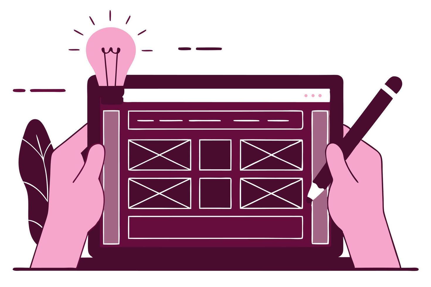 Website Wireframe on Tablet with Stylus and Idea Light Bulb Illustration vector