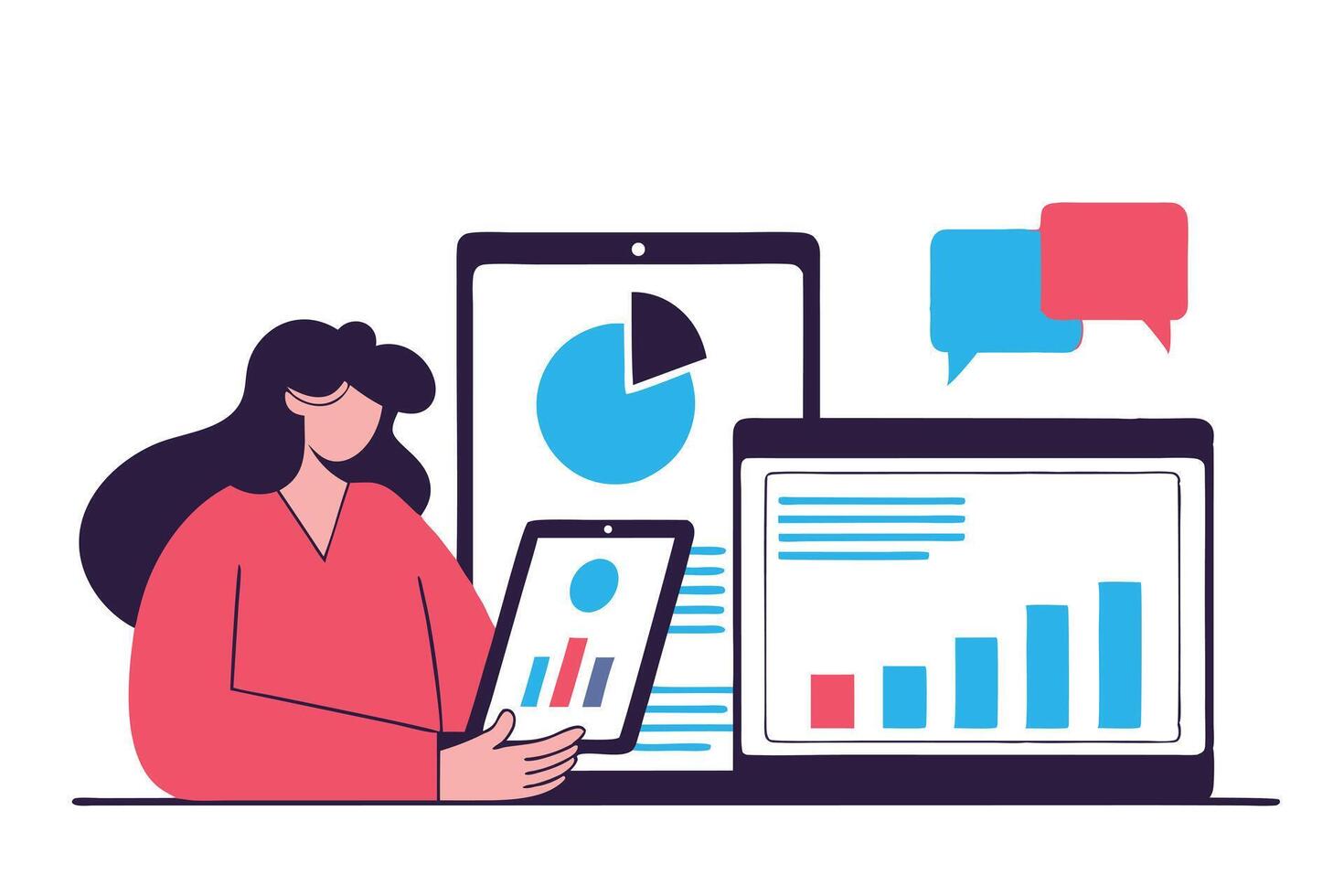Woman Analyzing Business Data Tablet, Laptop, and Pie Chart for Growth Analysis vector