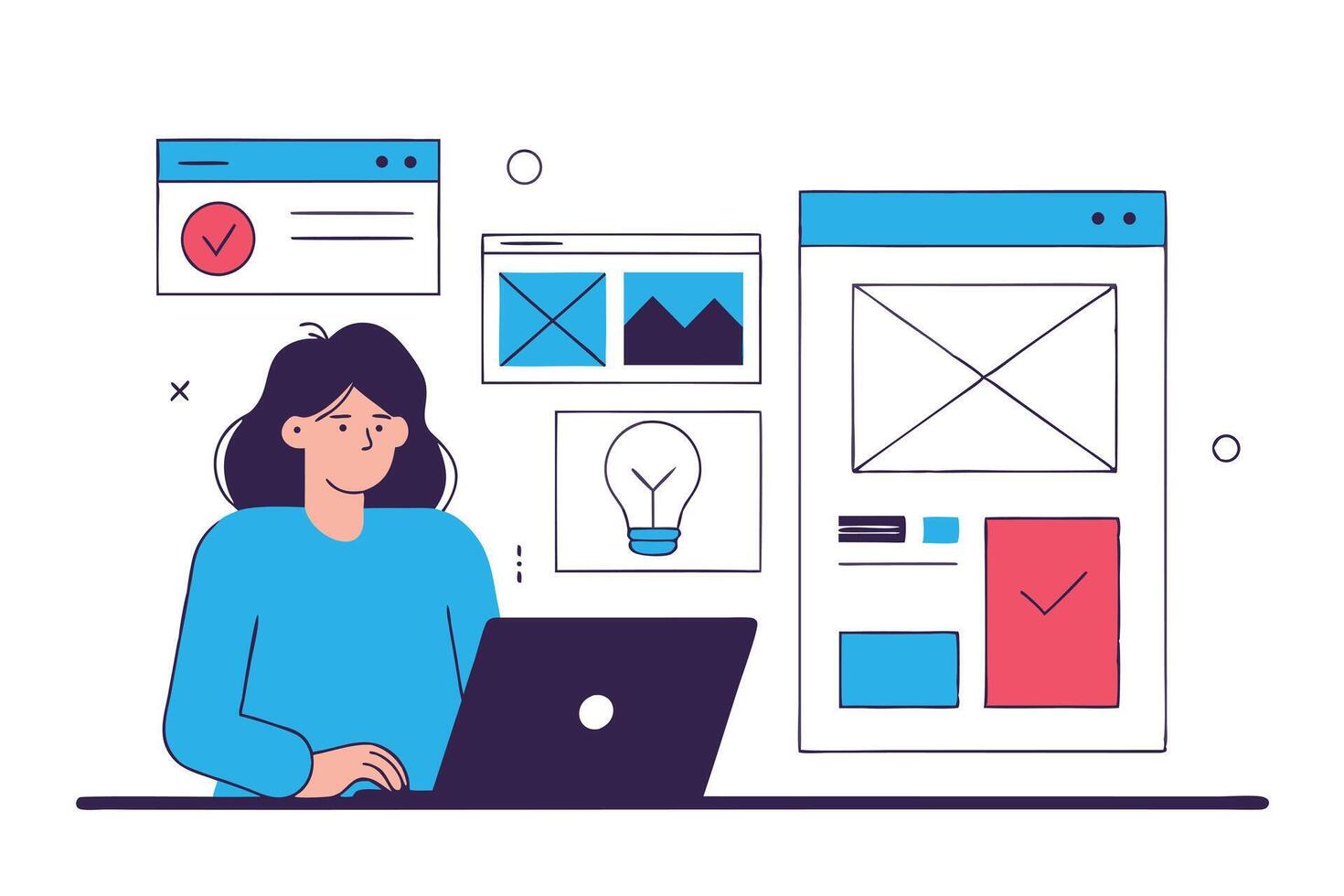 Woman Working on Laptop with Website Mockups and Checkmark Illustration Around Her vector