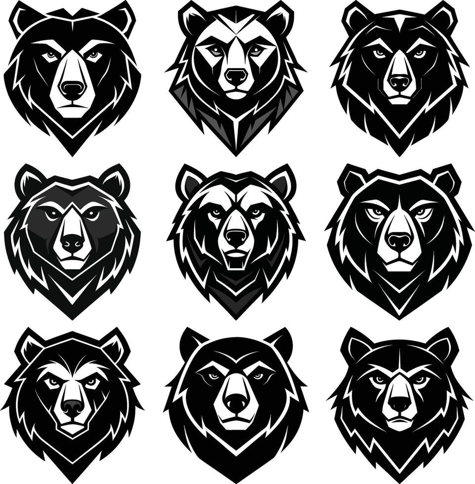 Black and White Illustration Set of Nine Stylized Bears Head Designs vector