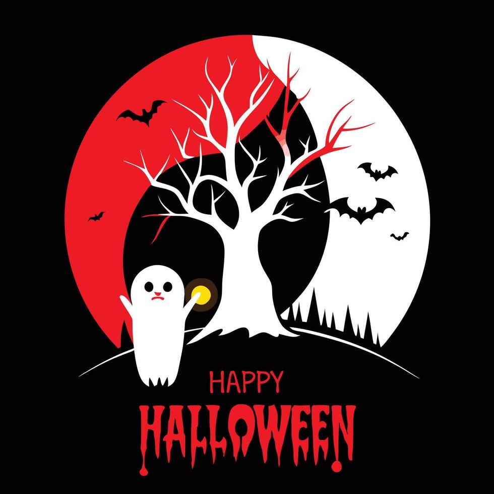 Halloween Illustration Spooky Ghost, Bats, Bare Tree, Red Moon, Holiday Greeting vector