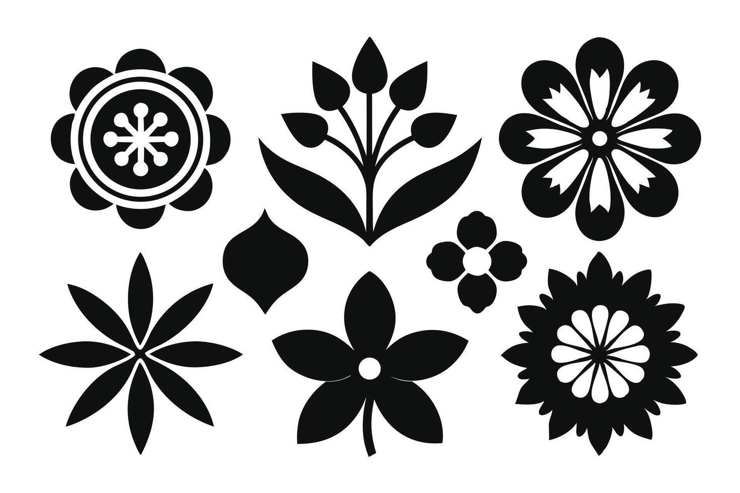 Black Floral Silhouettes Assorted Flower Shapes and Botanical Elements on White Background vector