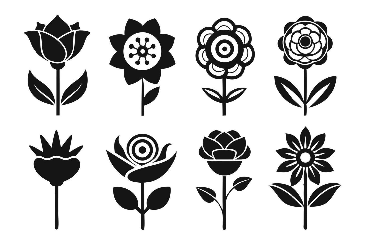 Assorted Black and White Flower Illustrations, Floral Graphics, Flower Icons, Blossom Clipart Set vector