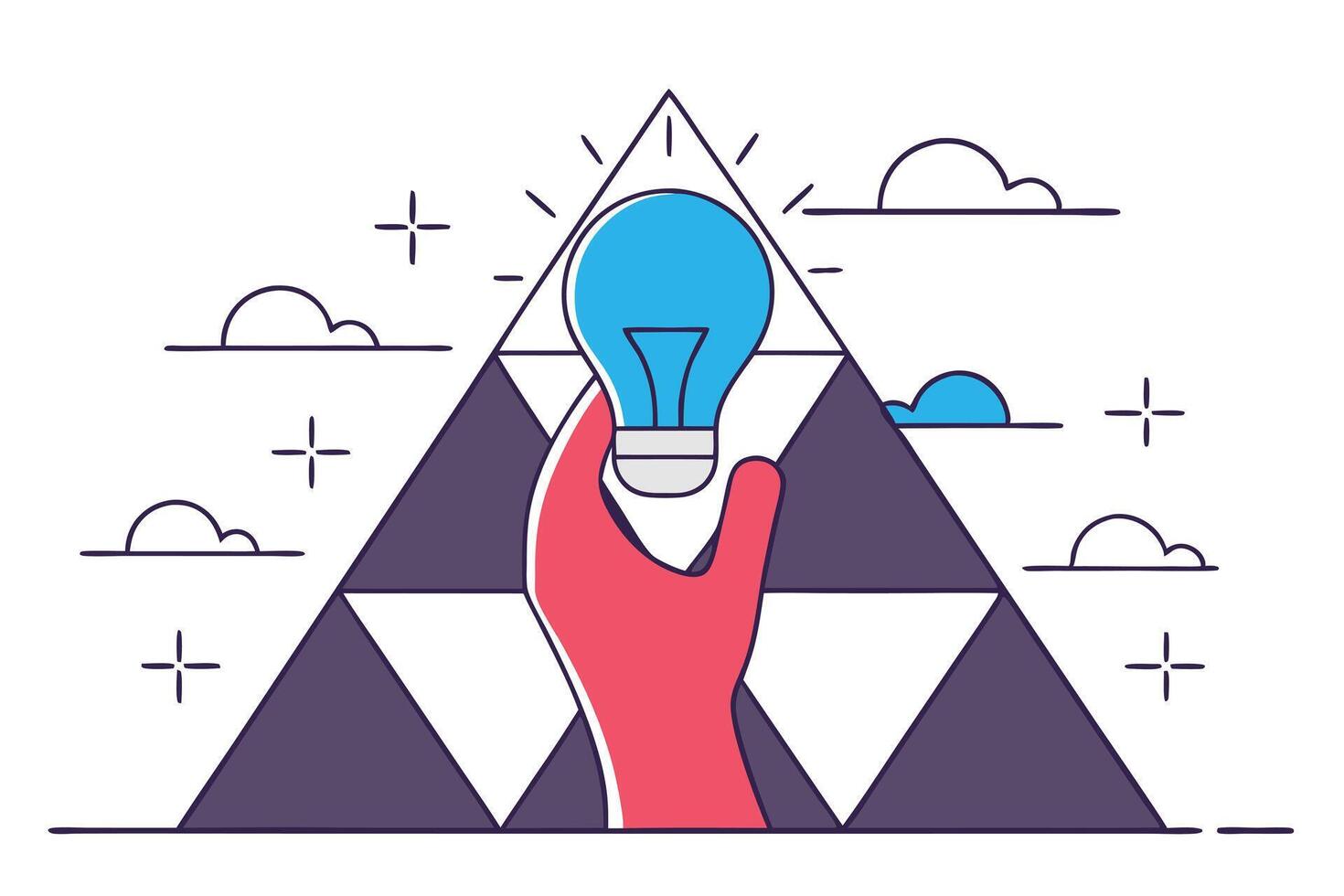 Hand Holding Blue Lightbulb in Front of Mountain and Clouds Illustration vector