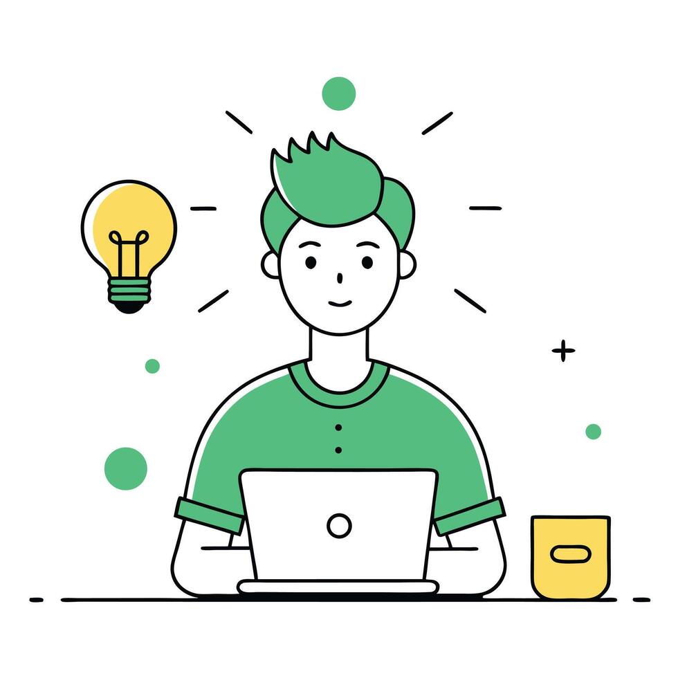 Inspired Man Working on Laptop with Idea Lightbulb and Mug Illustration vector