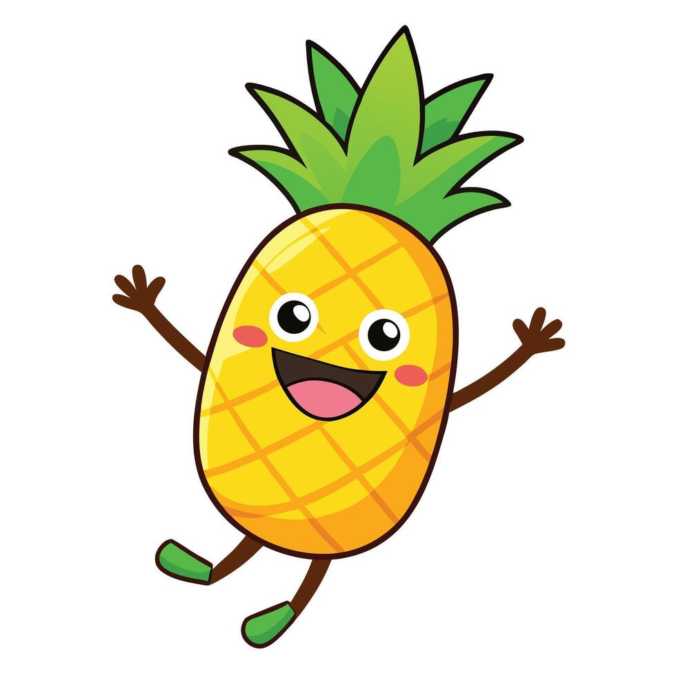 Smiling Pineapple Cartoon Character with Arms Raised on a White Background Illustration vector