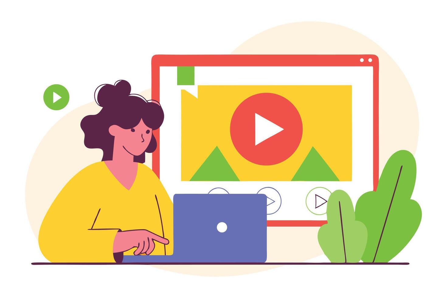 Woman Watching on Laptop with Red Framed Screen Showing Play Icon and Shapes vector