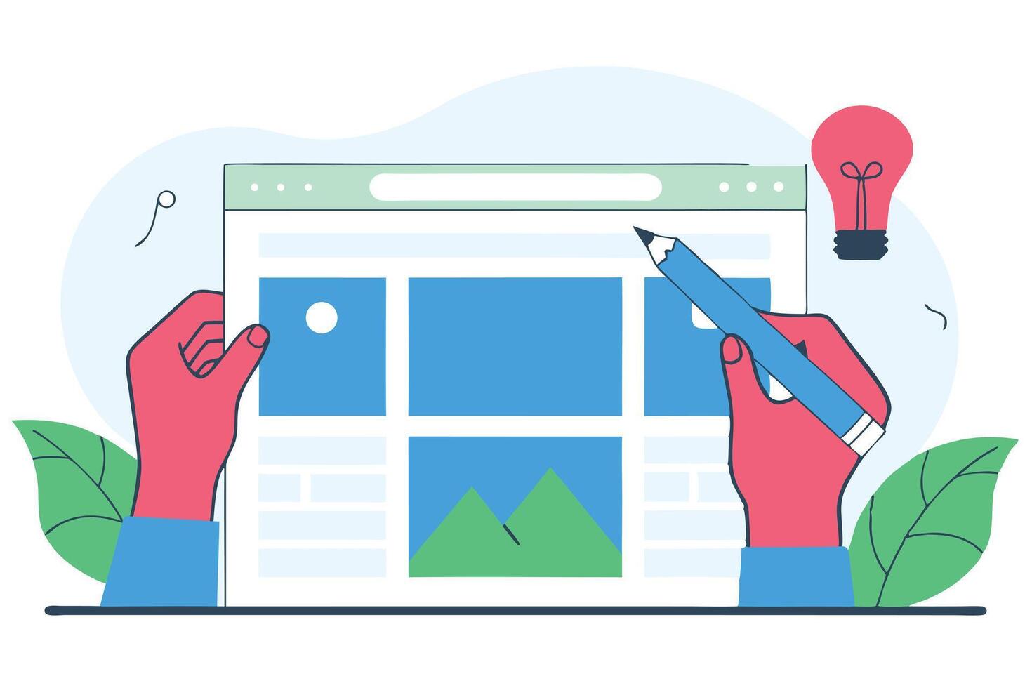 Illustrative Design of Hands Holding a Website with a Pencil and Light Bulb vector