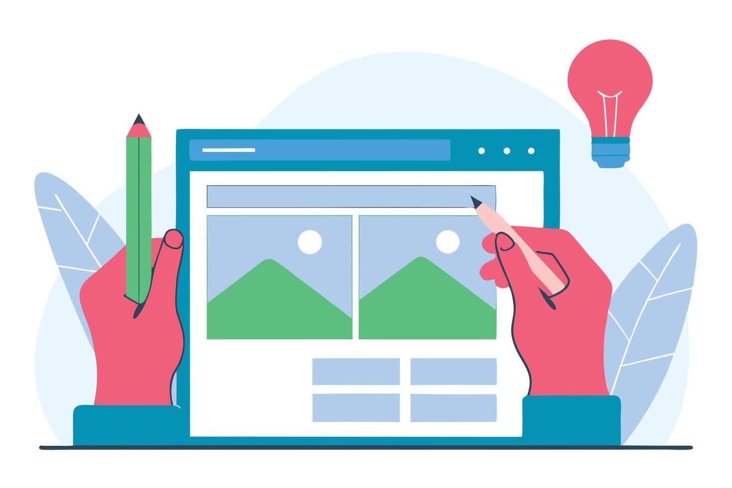 Hands Design Website Mockup with Pencils, Idea Bulb, and Foliage Elements vector