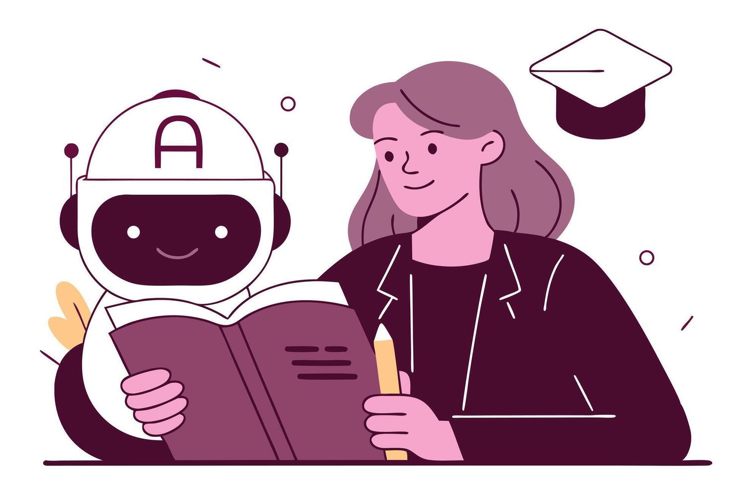 Woman Studying with Robot Companion, Academic Cap, Illustration for AI Education and Future Skills vector