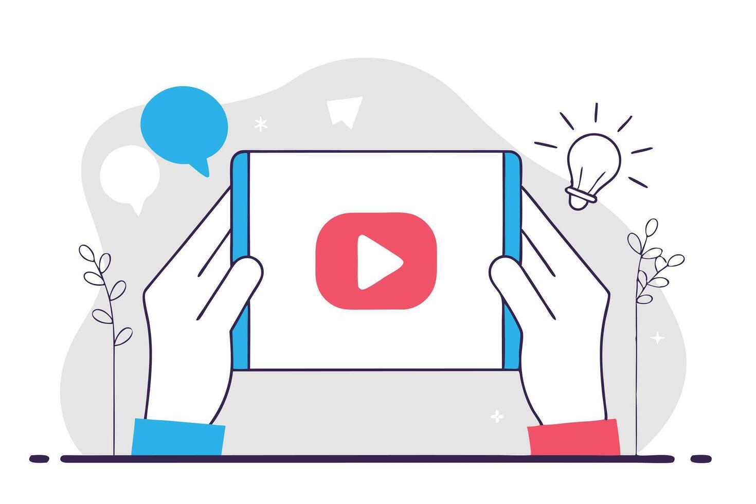 Hands Holding Tablet with Play Button, Light Bulb, Chat Bubbles, and Plant Illustration vector