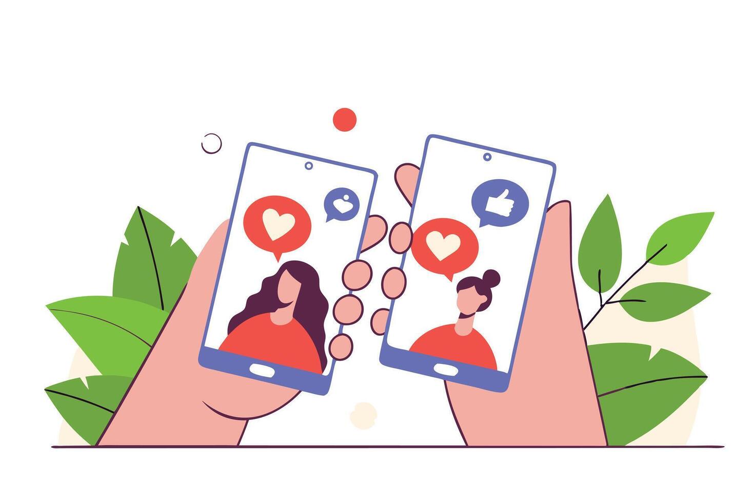 Connected Hands Holding Smartphones Displaying Two Female Portraits with Heart and Like Icons vector