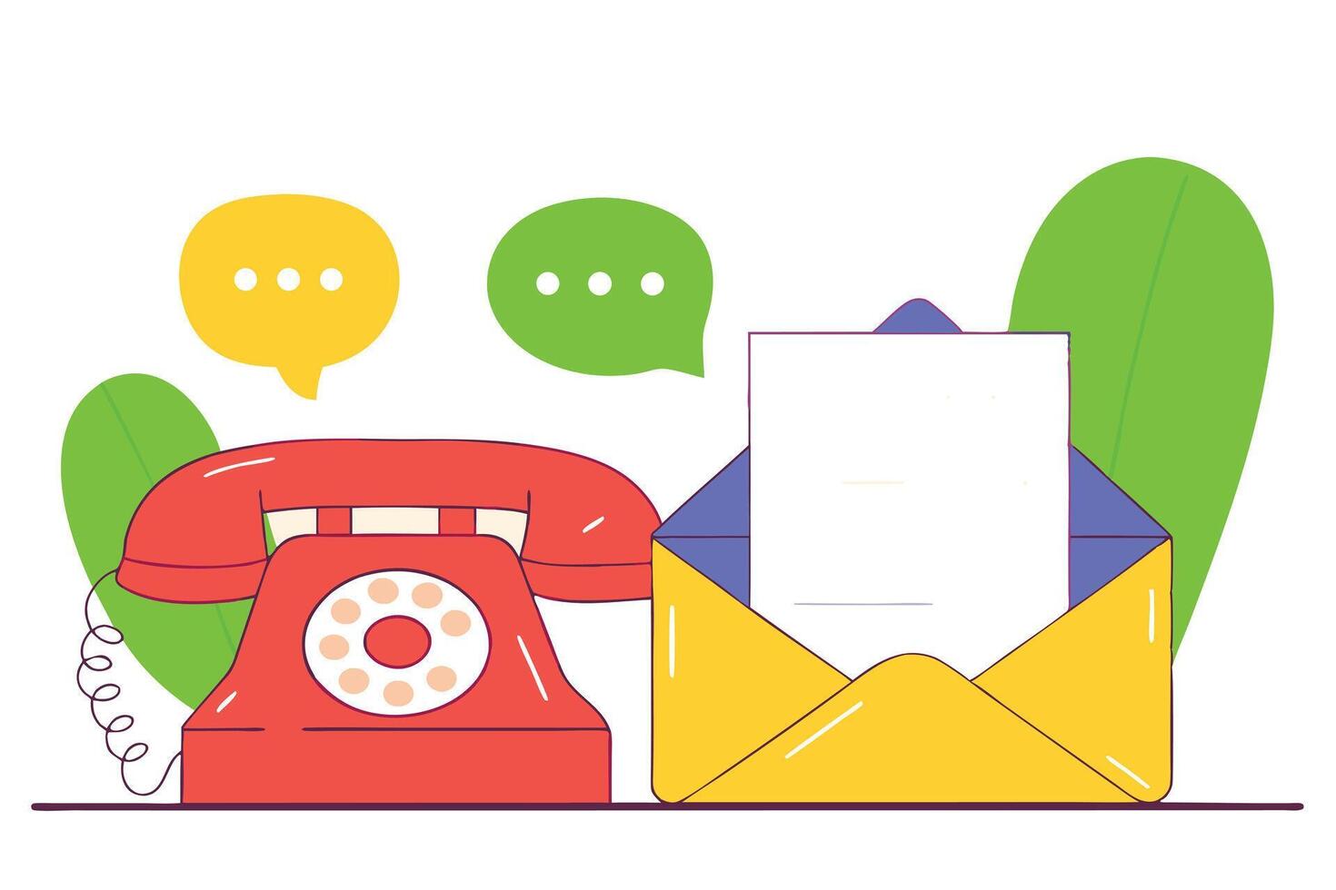 Retro Rotary Phone with Message Bubbles and Open Envelope Holding Blank Letter vector