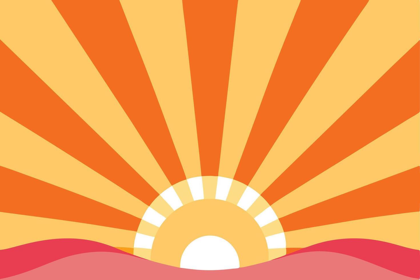 Rising Sun with Orange Rays and Pink Waves Illustration Digital Art vector