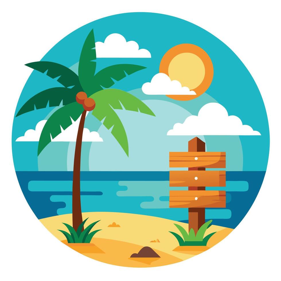 Illustration of a Sunny Tropical Island with Palm Tree and Wooden Signpost vector