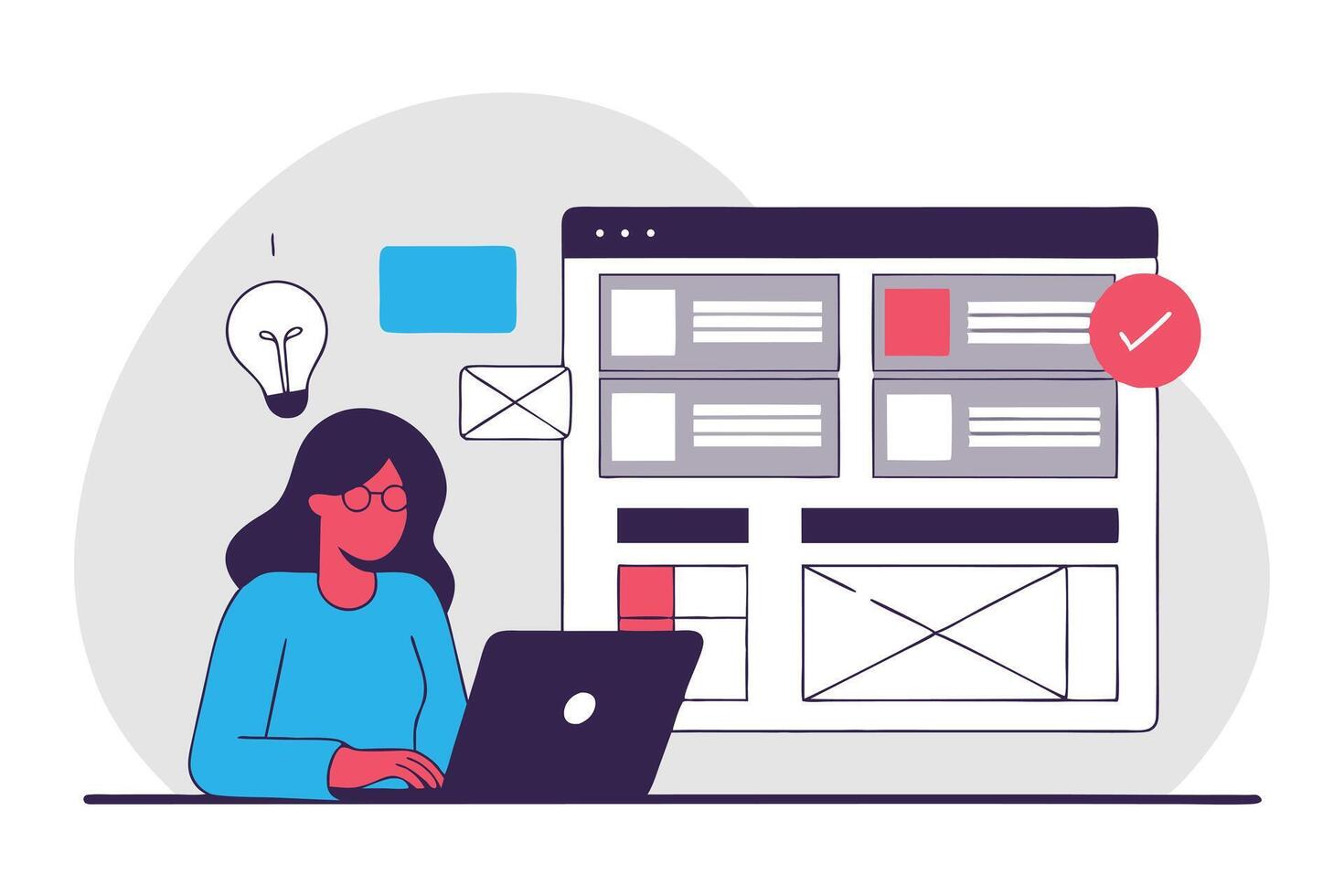 Woman Working on Website Wireframe with Laptop, Light Bulb, and Check Mark vector