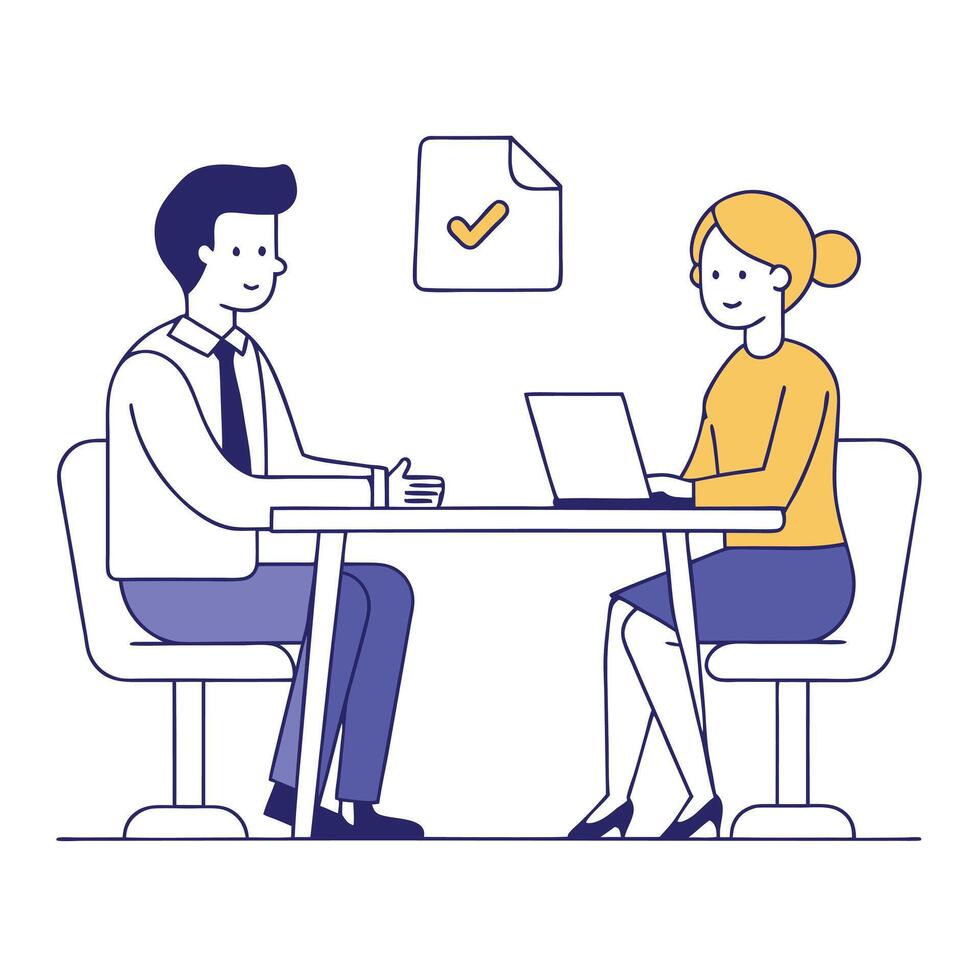 Interview Illustration Man and Woman Meeting with Laptop and Approved Document Icon vector