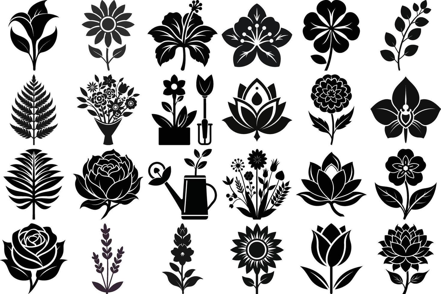 Black Silhouette Collection of Diverse Flowers and Plants Floral Designs for Creative Projects vector