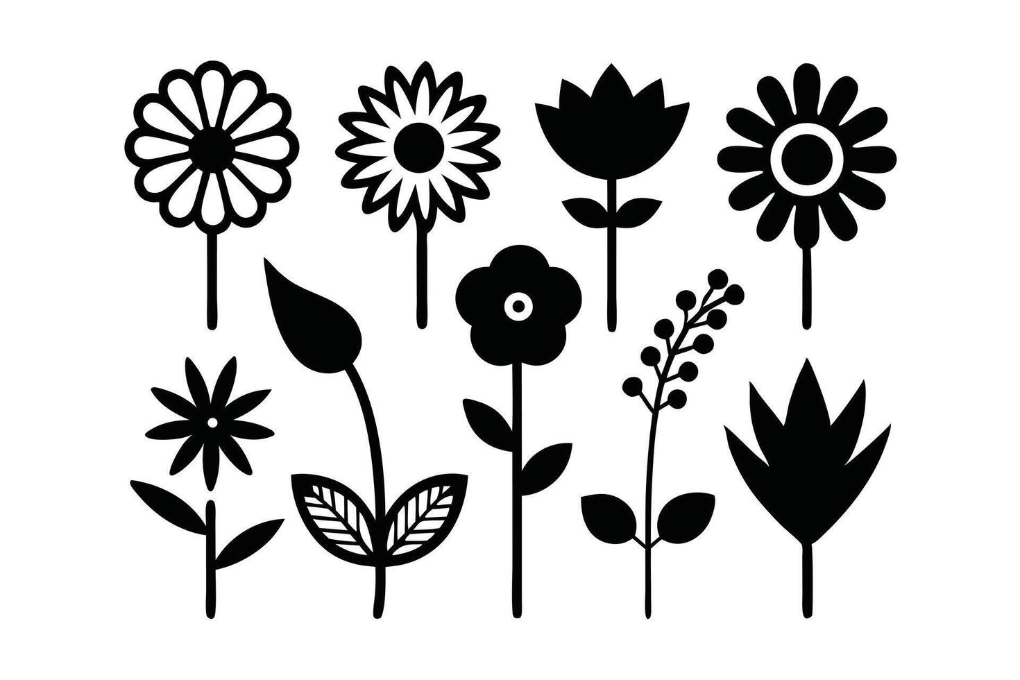 Assorted Botanical Silhouettes Flower Variations, Bud, Berries, and Abstract Leaves Black Graphics on White vector