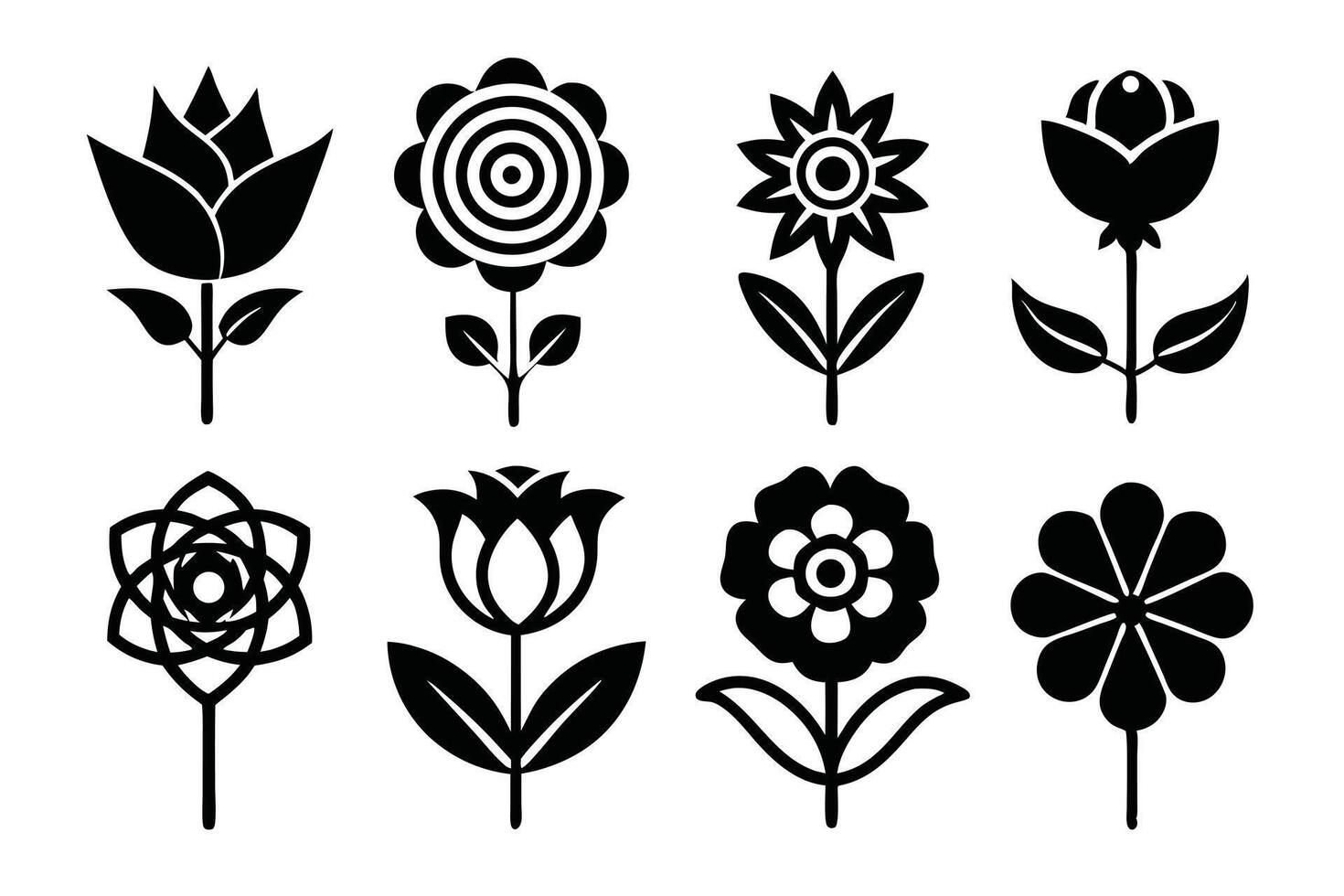 Diverse Collection of Black and White Flower Silhouettes, Floral Elements for Design Projects vector