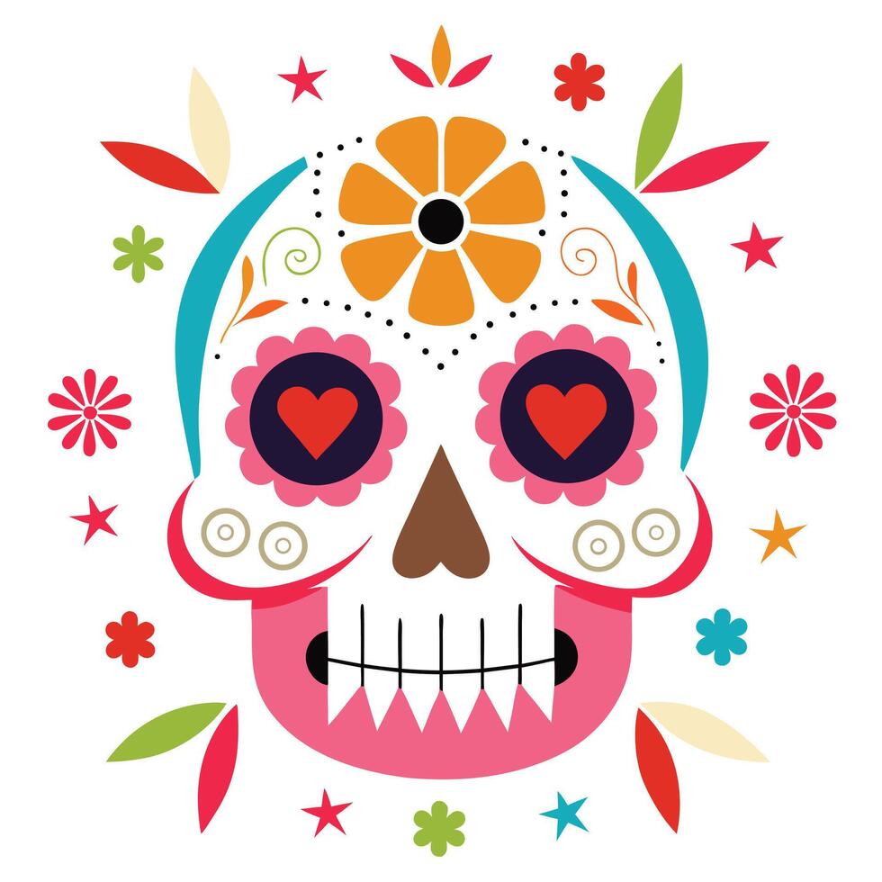 Whimsical Sugar Skull Illustration with Heart Eyes, Flowers, and Star Embellishments on White vector