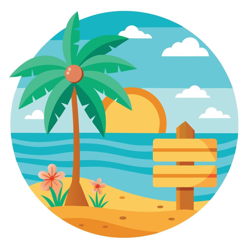 Tropical Beach with Palm Tree, Sunset, and Wooden Sign in Circle Frame vector
