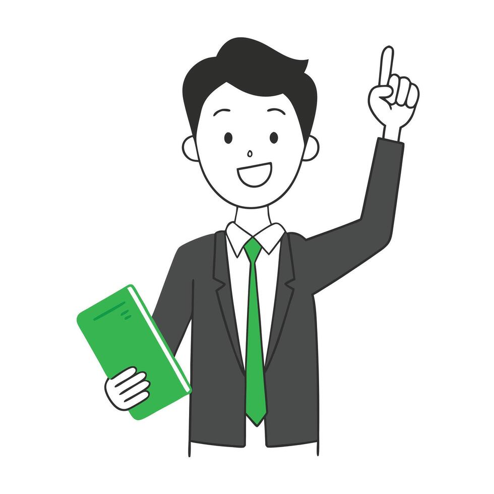 Cartoon Businessman with Green Tie and Folder Pointing Upward Illustration vector