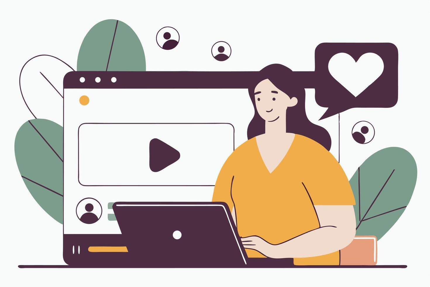 Woman with Laptop Watching on Website with Heart Icon and User Profiles vector