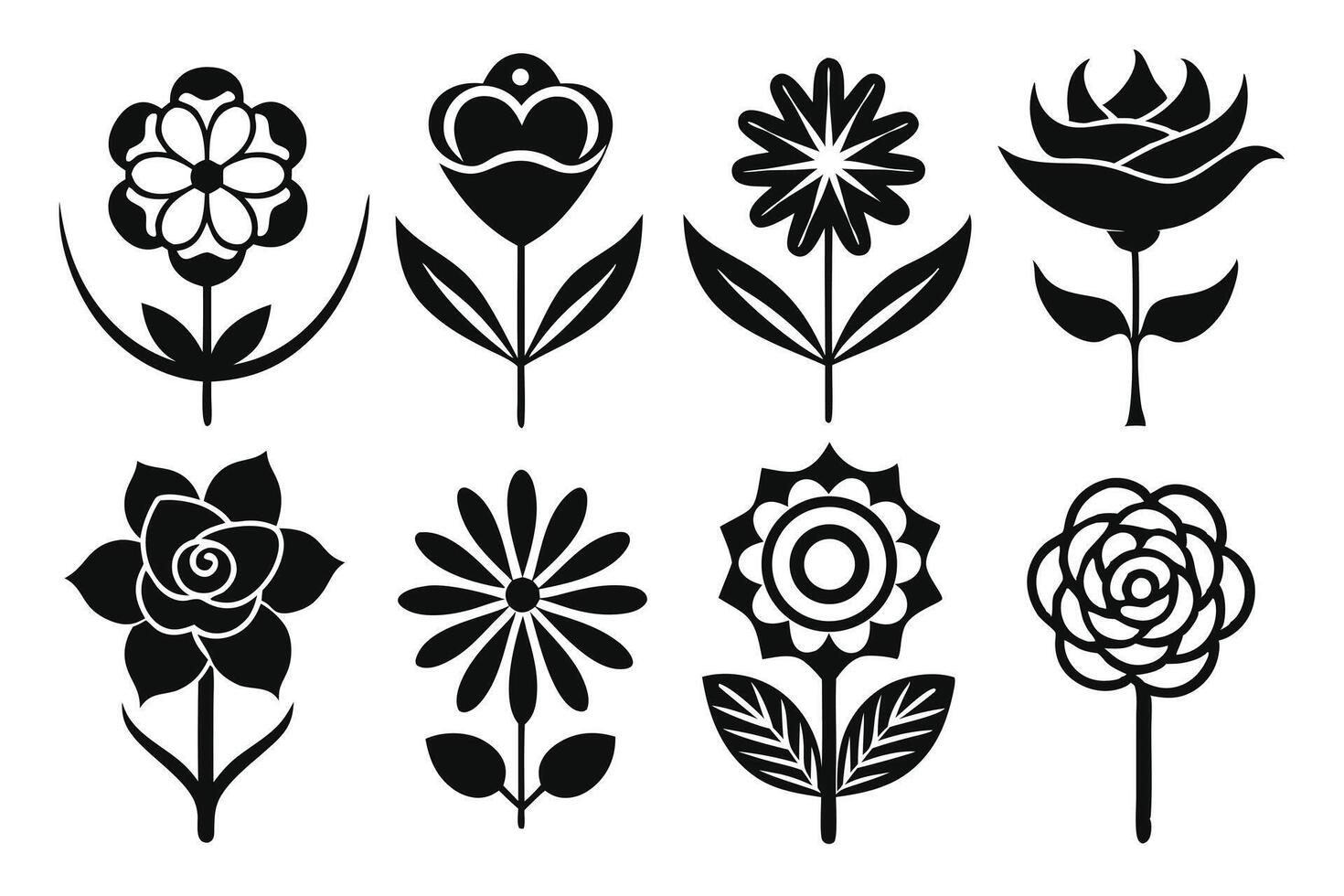 Black and White Flower Silhouette Set Diverse Floral Designs and Botanical Elements vector