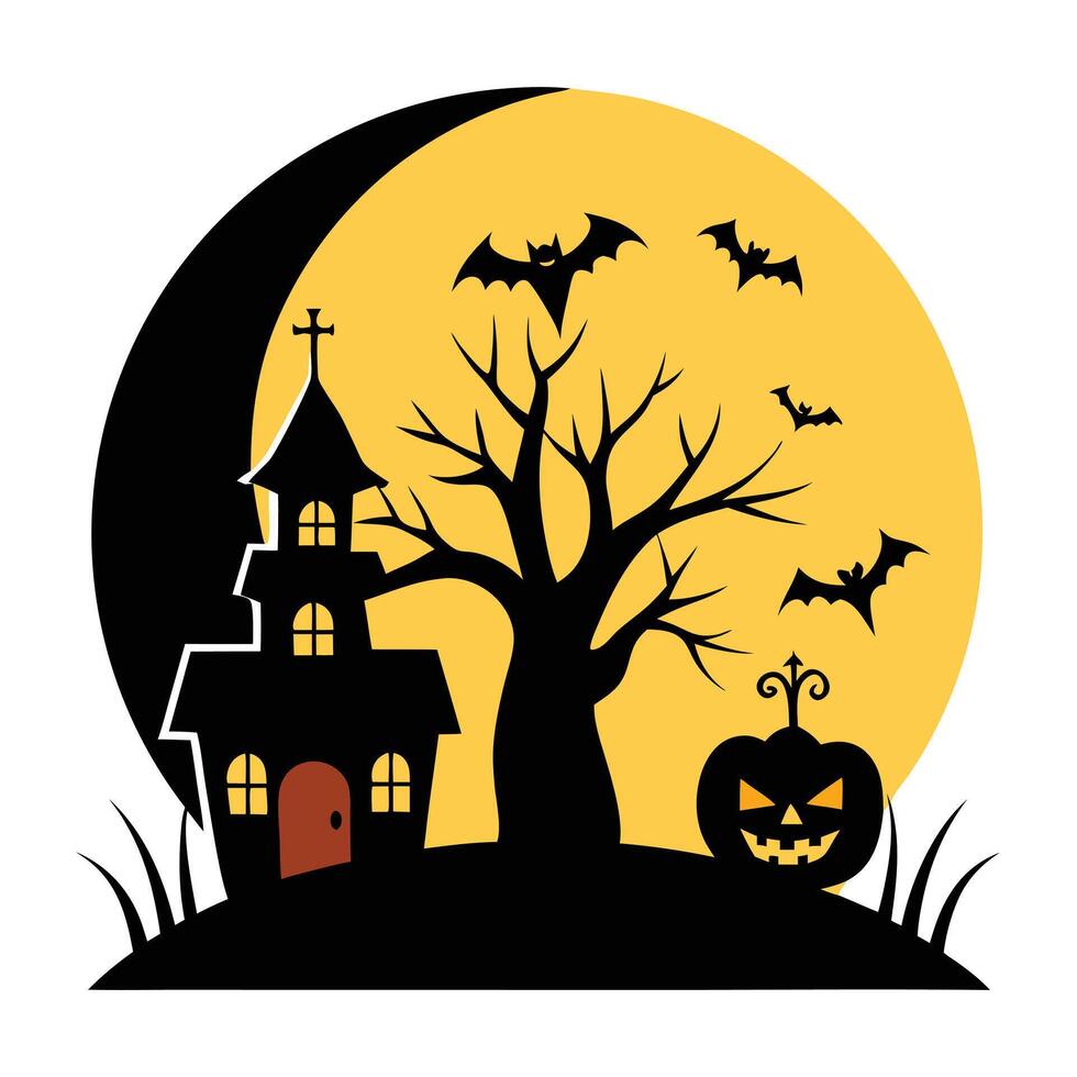 Spooky Halloween Haunted House, Bare Tree, Bats, and Jacko'Lantern Under Moon vector