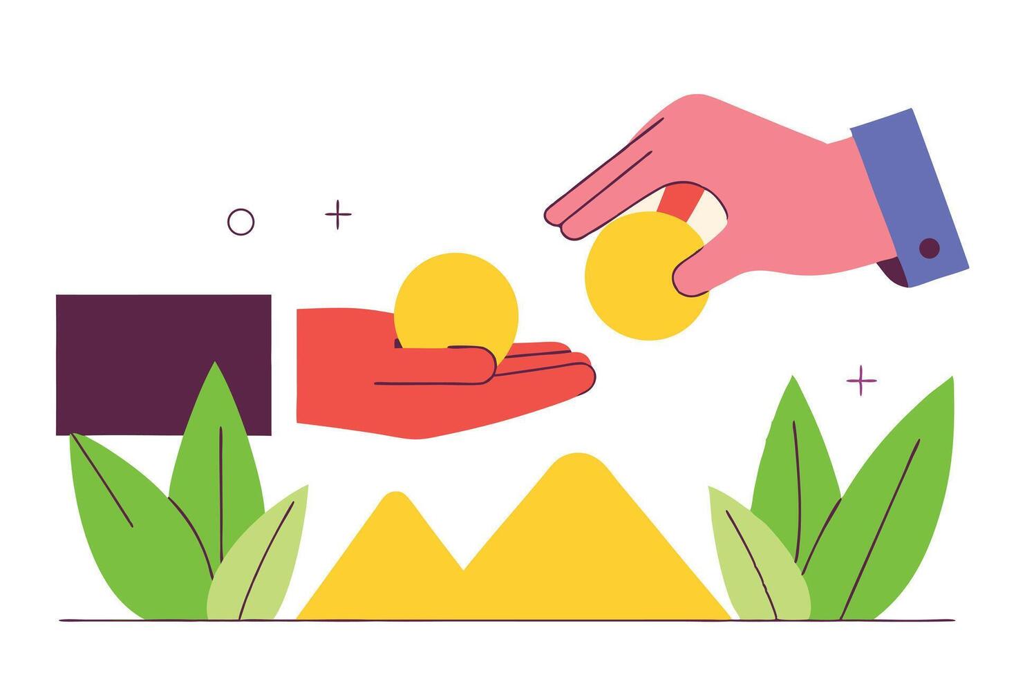 Hands Exchanging Gold Coins Above Stylized Plants and Shapes, Modern Illustration Style vector