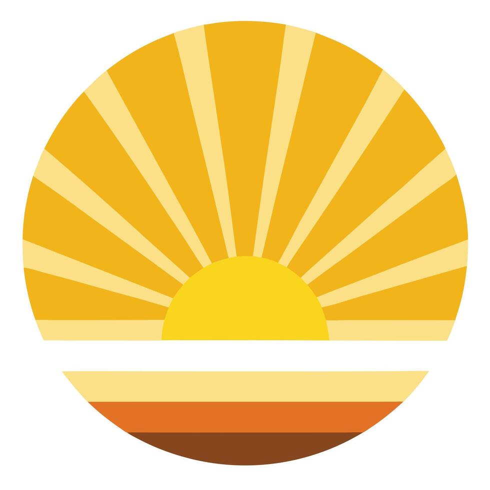 Bright Retro Sunset Icon with Golden Rays and Warm Earth Tones in Circle vector
