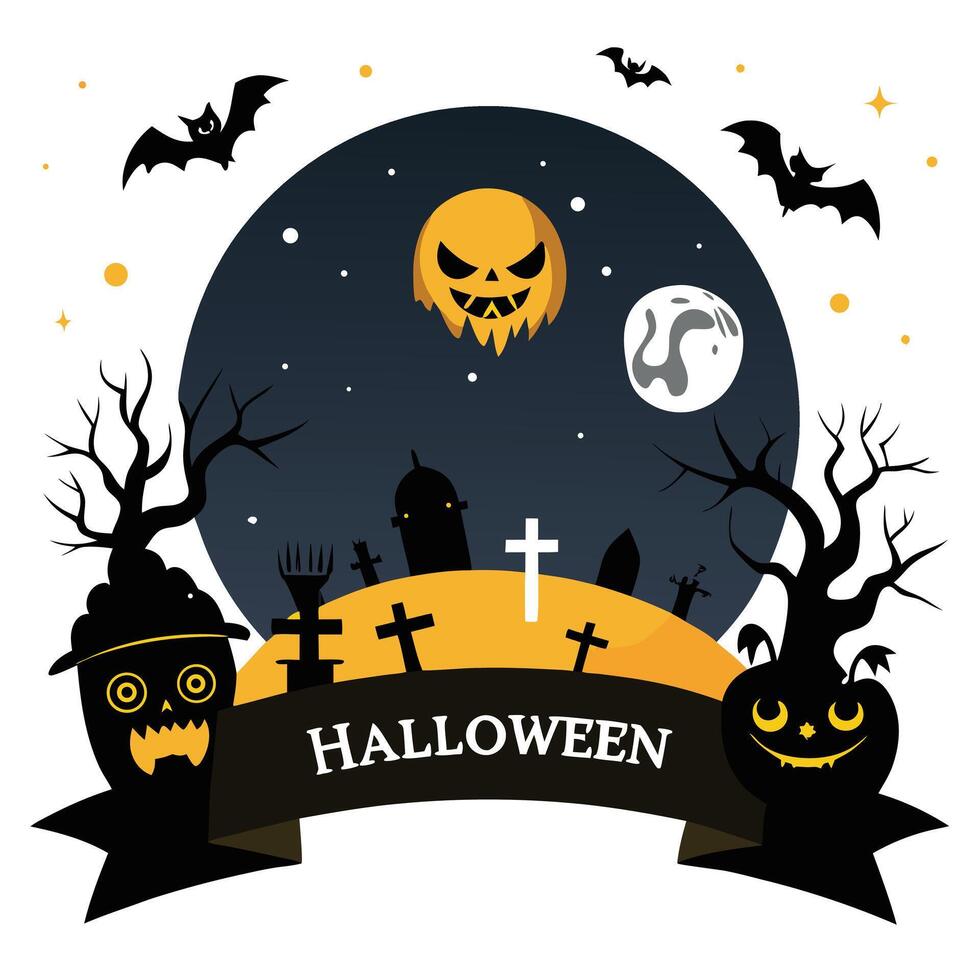 Spooky Halloween Night Graveyard, Moon, Bats, and Silhouetted Pumpkins with Halloween Banner Graphic vector