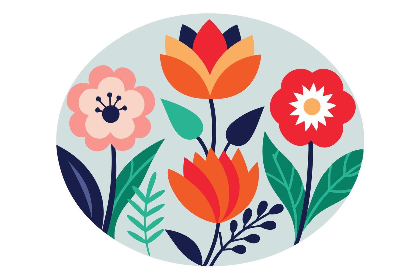 Stylized Floral Illustration with Bold Colors Retro Aesthetic Flowers and Leaves in Circle Frame vector