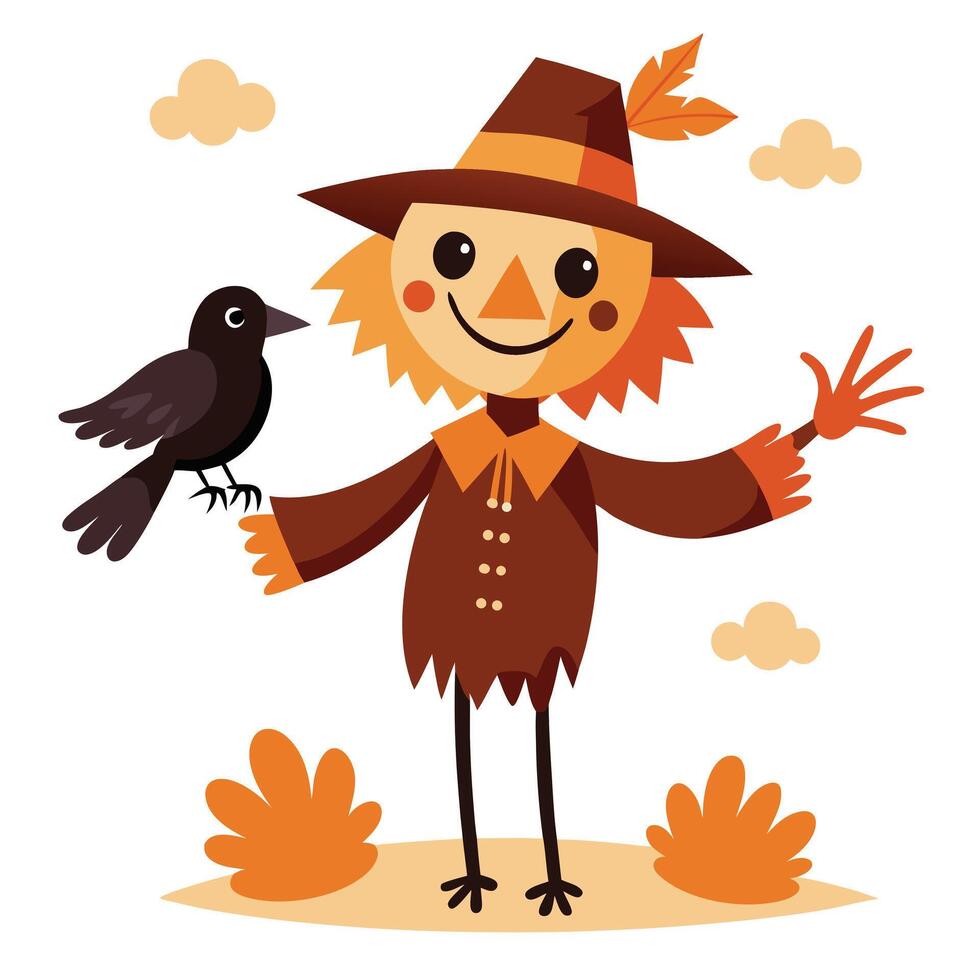 Cartoon Scarecrow with a Crow, Wearing a Hat, on a White Background vector