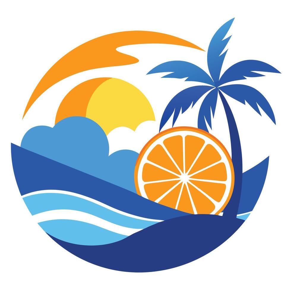 Stylized Logo of Tropical Island with Orange, Palm Tree, Sun, and Ocean Waves vector