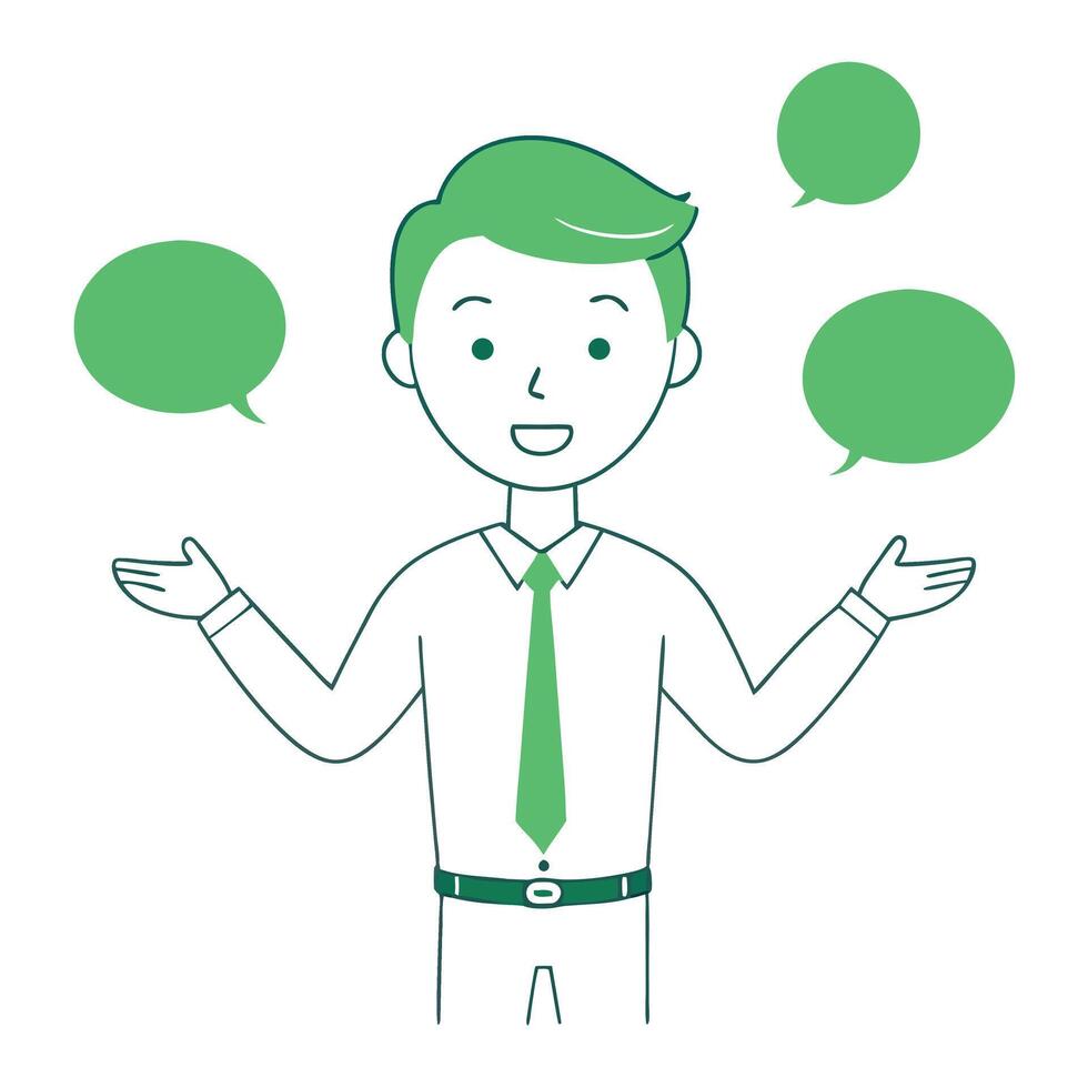 Businessman Illustration with Green Speech Bubbles, Outline Style, Communication Concept, Plain Background vector