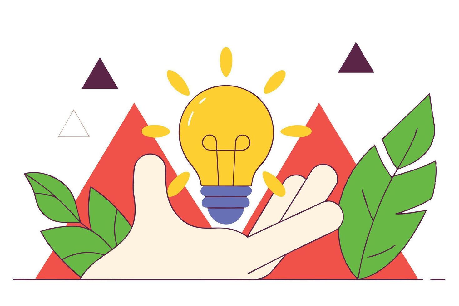 Creative Idea Concept Light Bulb in Hand, Geometric Shapes and Plant Foliage Illustration vector