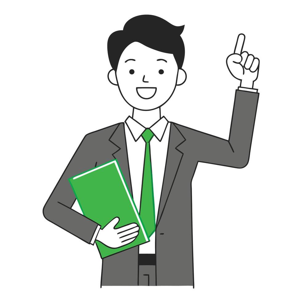 Man in Suit Holding Green File with Finger Pointing Upward vector