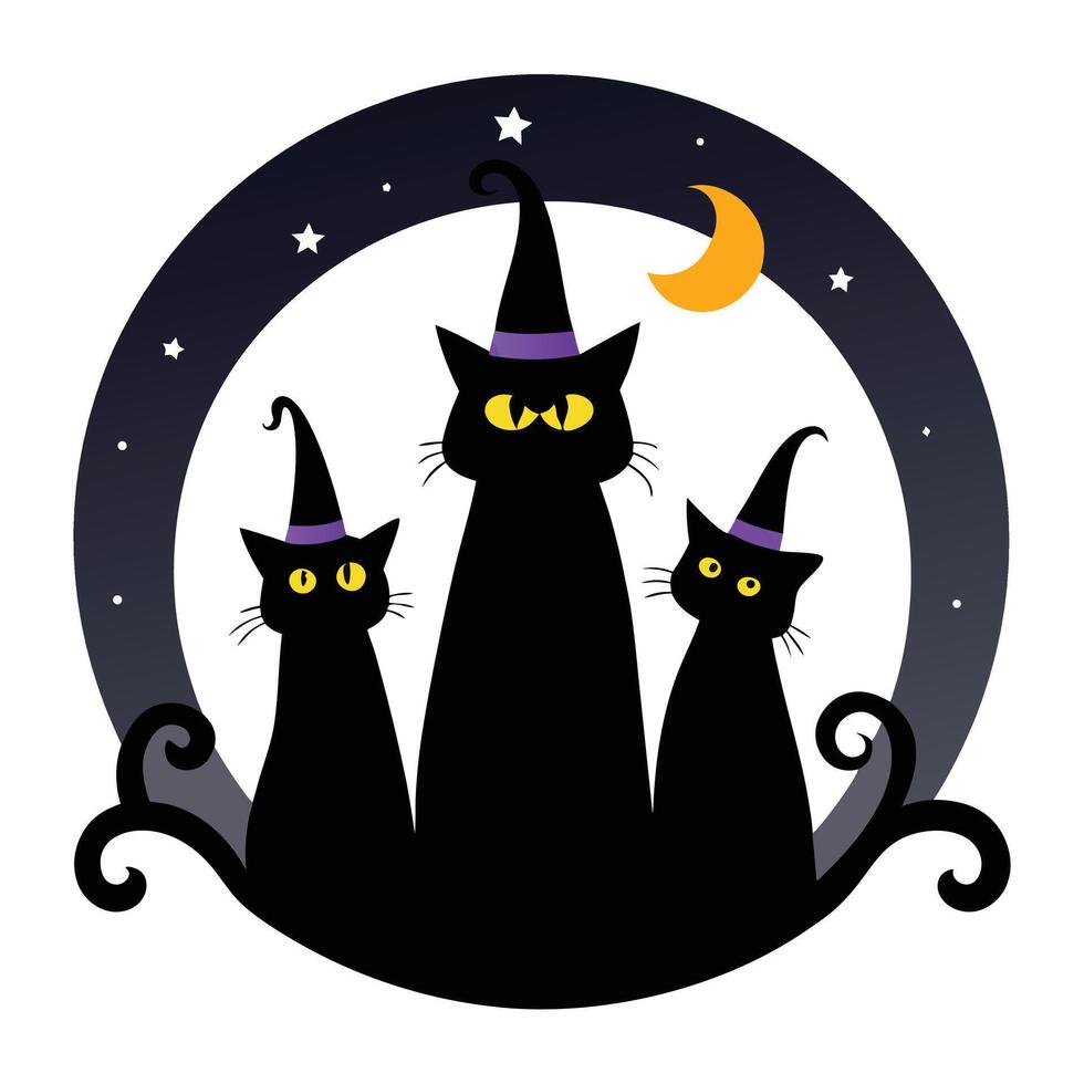 Whimsical Halloween Three Witch Cats Under Moon and Stars Illustration vector