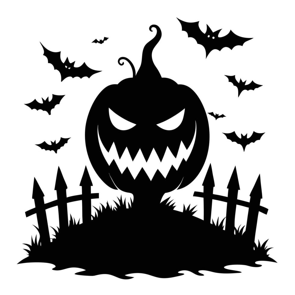 Spooky Halloween Silhouette Smiling Pumpkin, Bats Flying Over Fence and Grassy Hill vector