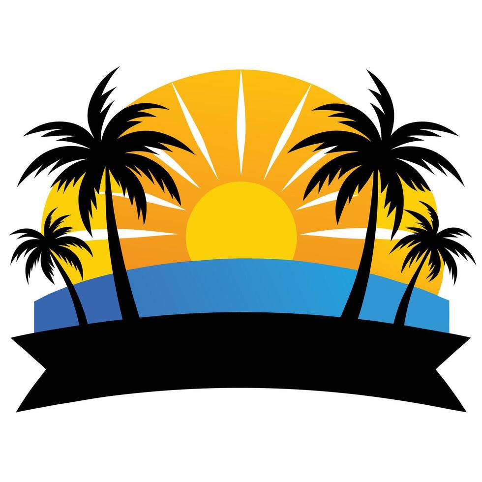 Tropical Paradise Palm Trees, Sunset, Ocean, and Ribbon Banner vector